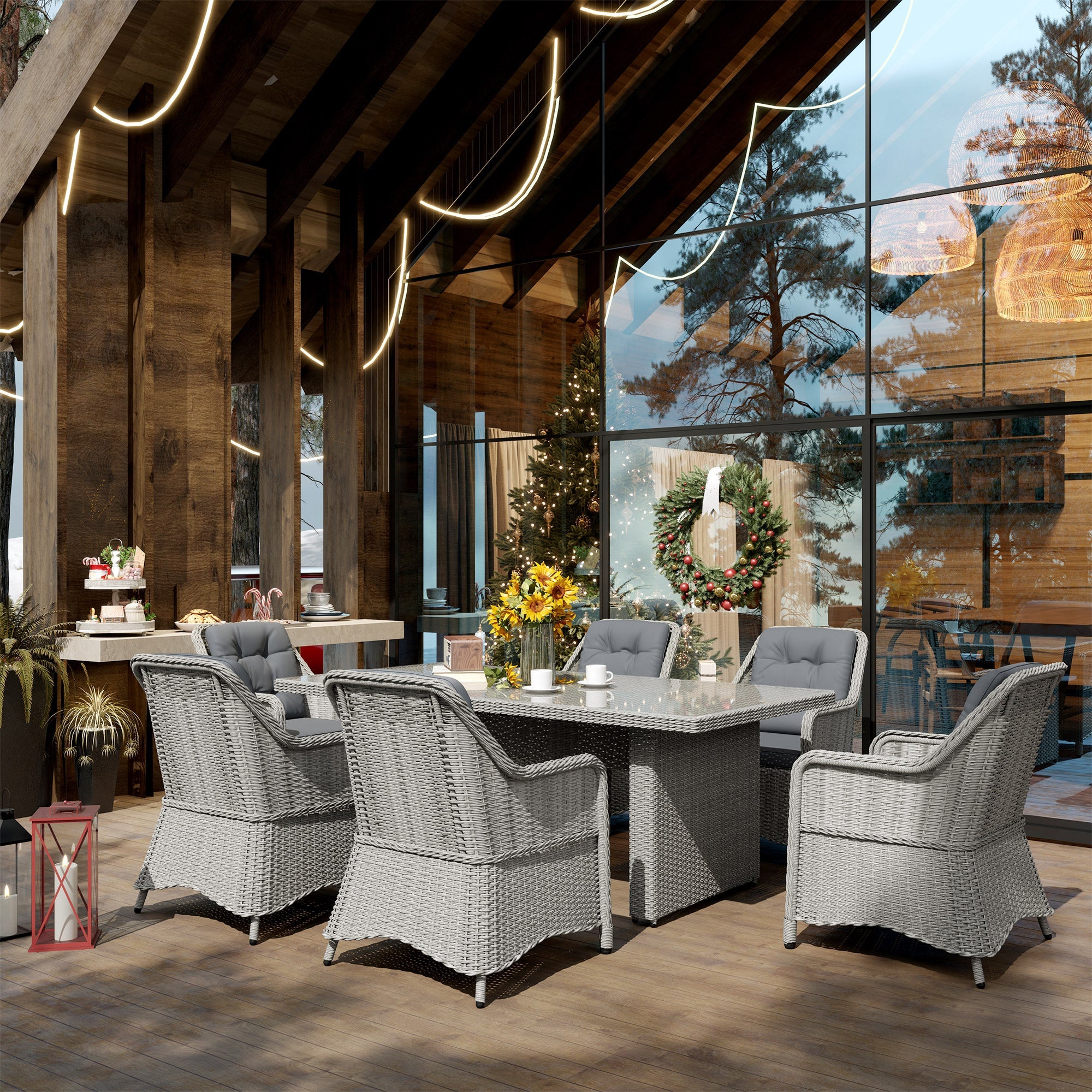 Outsunny 6 Seater Rattan Dining Set, Round PE Rattan Garden Furniture Set with Seat and Back Cushions, Aluminium Outdoor Dining Table and Chairs with 6 Armchairs, Rectangular Glass Top Table, Grey 