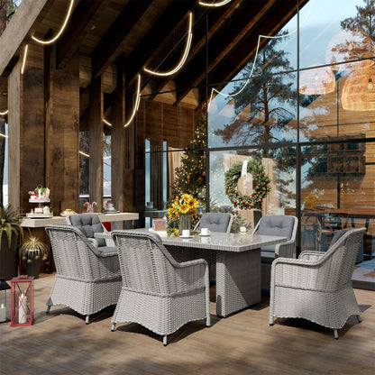 Outsunny 6 Seater Rattan Dining Set, Round PE Rattan Garden Furniture Set with Seat and Back Cushions, Aluminium Outdoor Dining Table and Chairs with 6 Armchairs, Rectangular Glass Top Table, Grey 