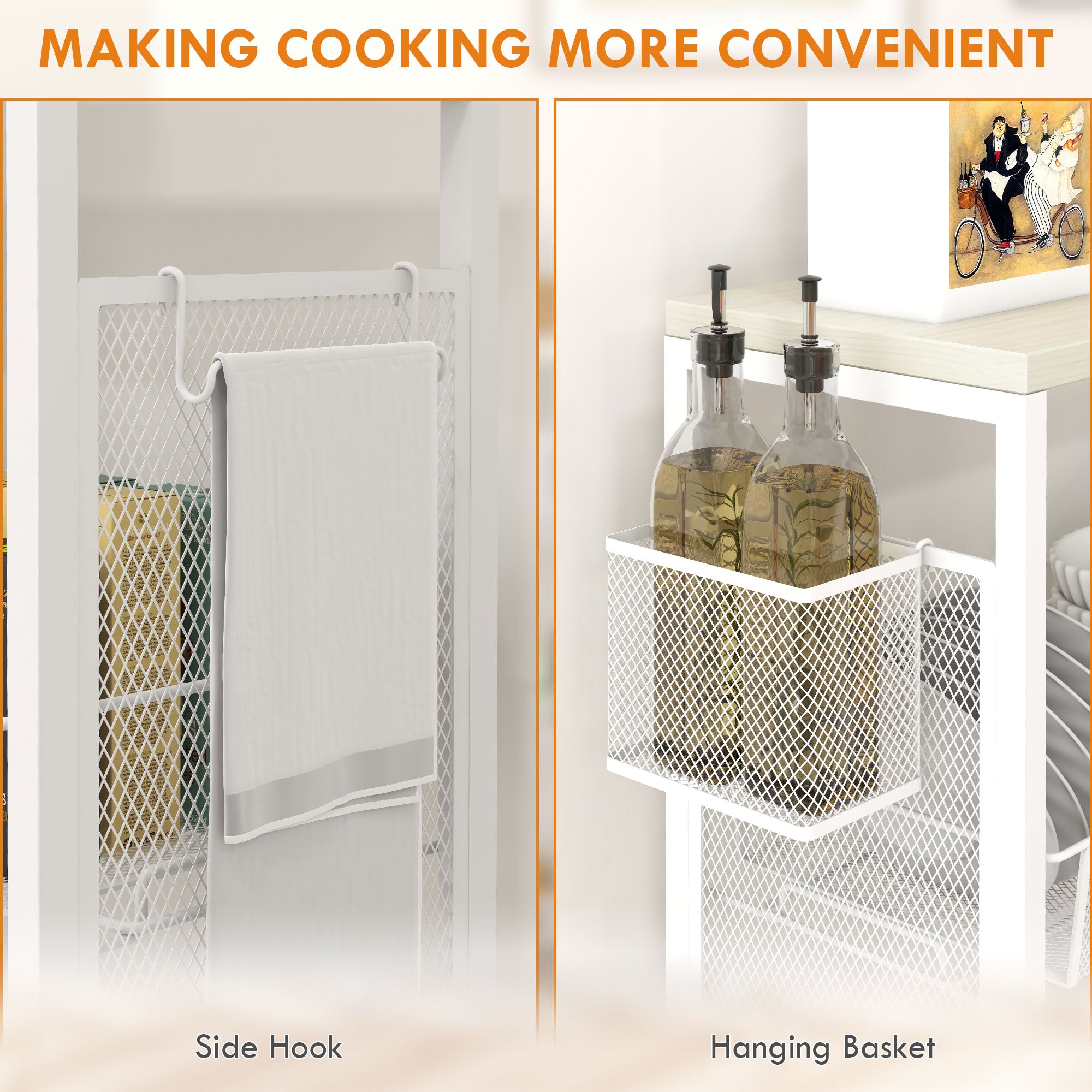 HOMCOM 3-Tier Kitchen Cart with 3 Steel Wire Baskets - White 