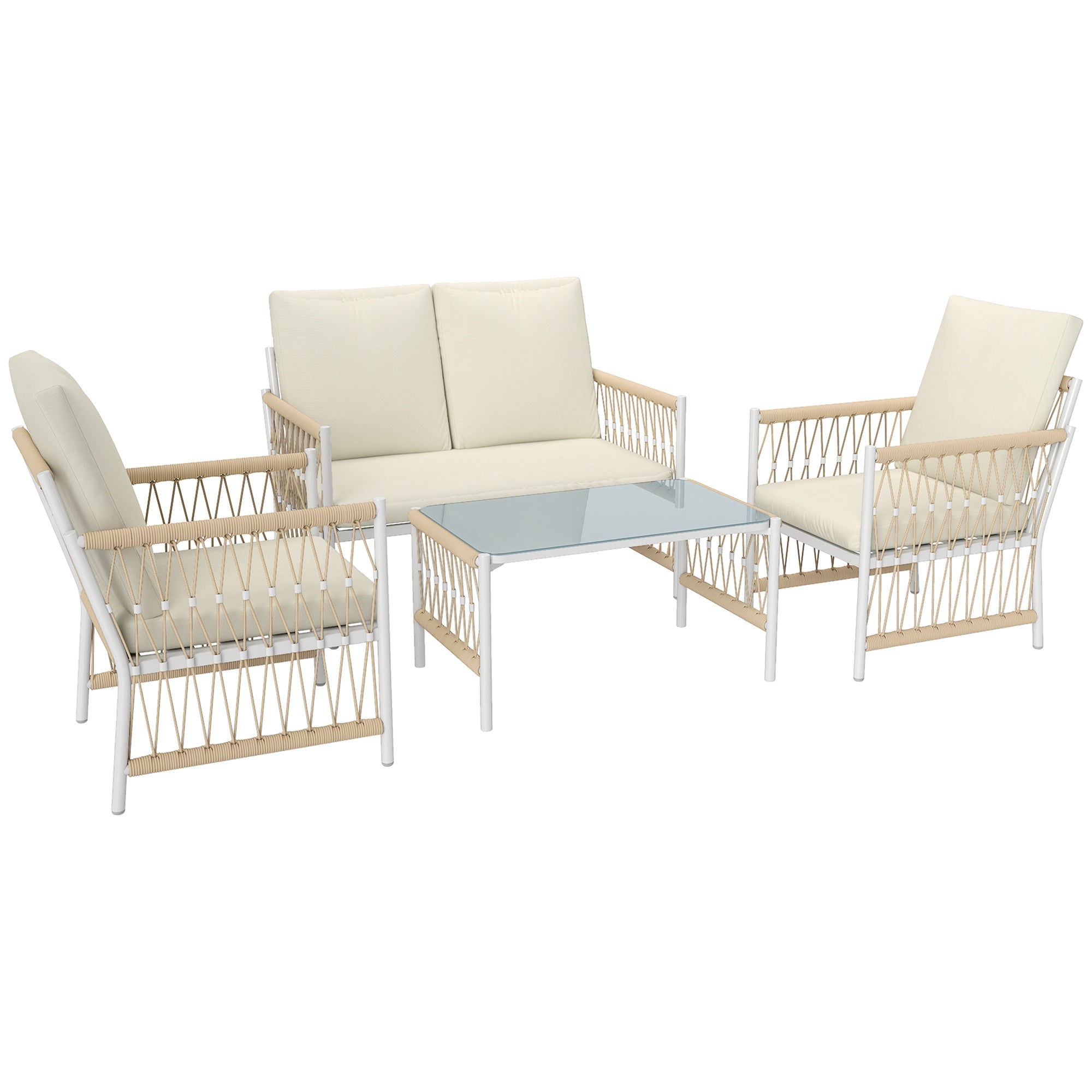 Outsunny 4 Piece Rattan Garden Furniture Set, 4 Seater Wicker Patio Conversation Set with 2 Armchairs, Loveseat, Glass Top Coffee Table and Cushions for Outdoor, Balcony, Khaki 
