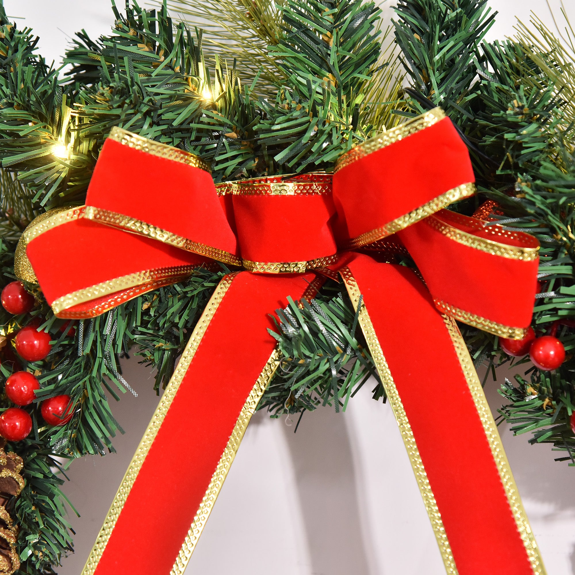 HOMCOM 60cm Pre-Lit Artificial Christmas Door Wreath Holly LED Decor Pine Cones Hanging Glittered Festival Indoor Outdoor Decoration 