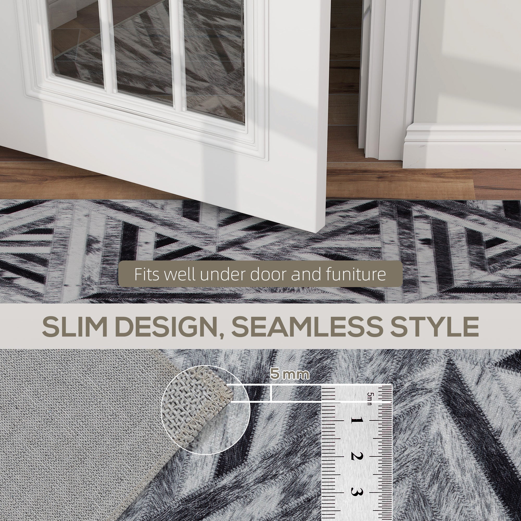 HOMCOM Modern Area Rug, Triangle Pattern Non-Slip Washable Rug, Chenille Floor Carpet for Living Room, Bedroom, Dining Room, Home Office, 170 x 120 cm, Black