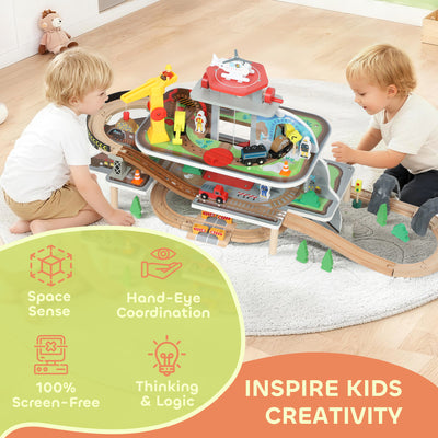 AIYAPLAY 79 Piece Wooden Train Set, Kids Train Track Mine Themed with Crane, Helicopter 