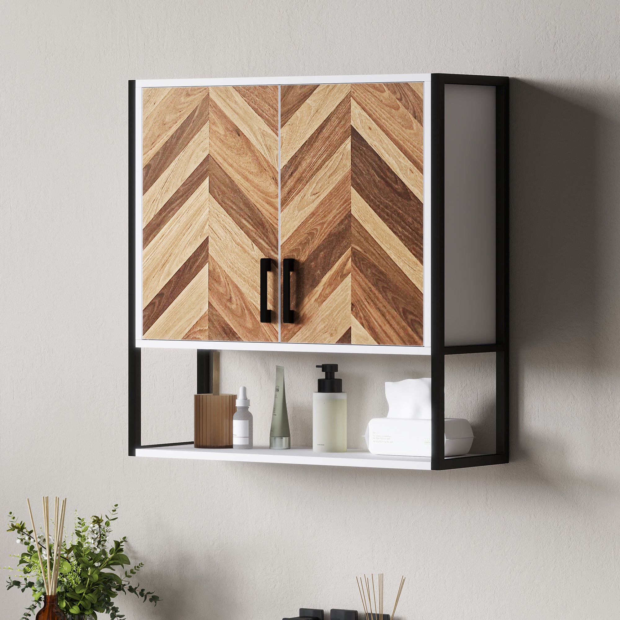 HOMCOM Bathroom Cabinet Wall Mounted, Bathroom Wall Cabinet Medicine Cabinet with 2 Doors, Adjustable Shelf, Walnut 