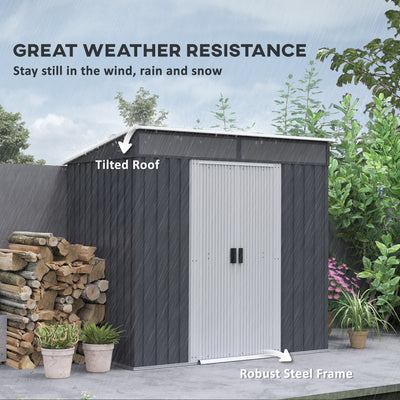 Outsunny 6.5 x 4FT Galvanised Metal Shed with Foundation Kit, Lockable Tool Garden Shed with Double Sliding Doors, Vents, Grey 