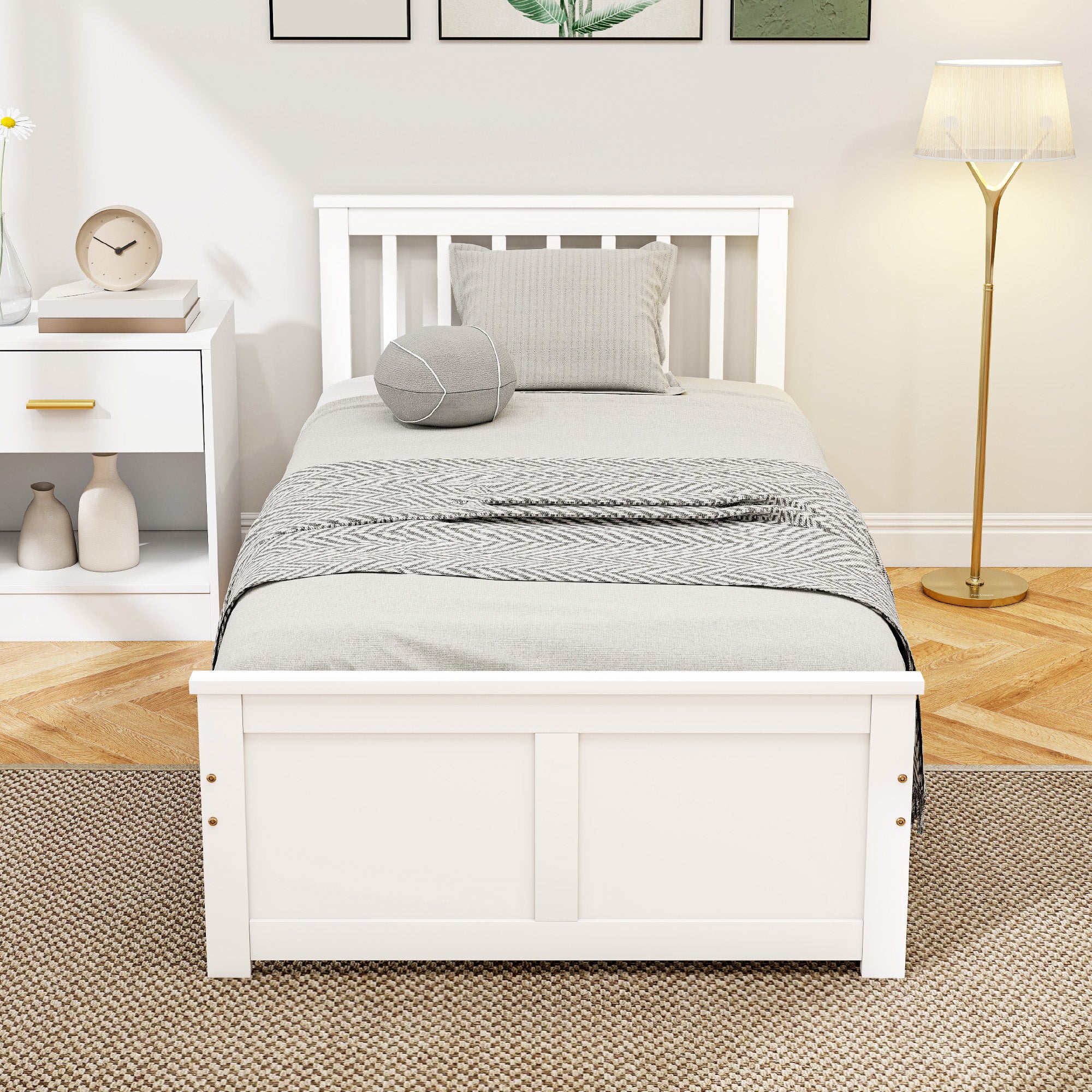 HOMCOM Wooden Single Bed Frame, with Drawers - White 