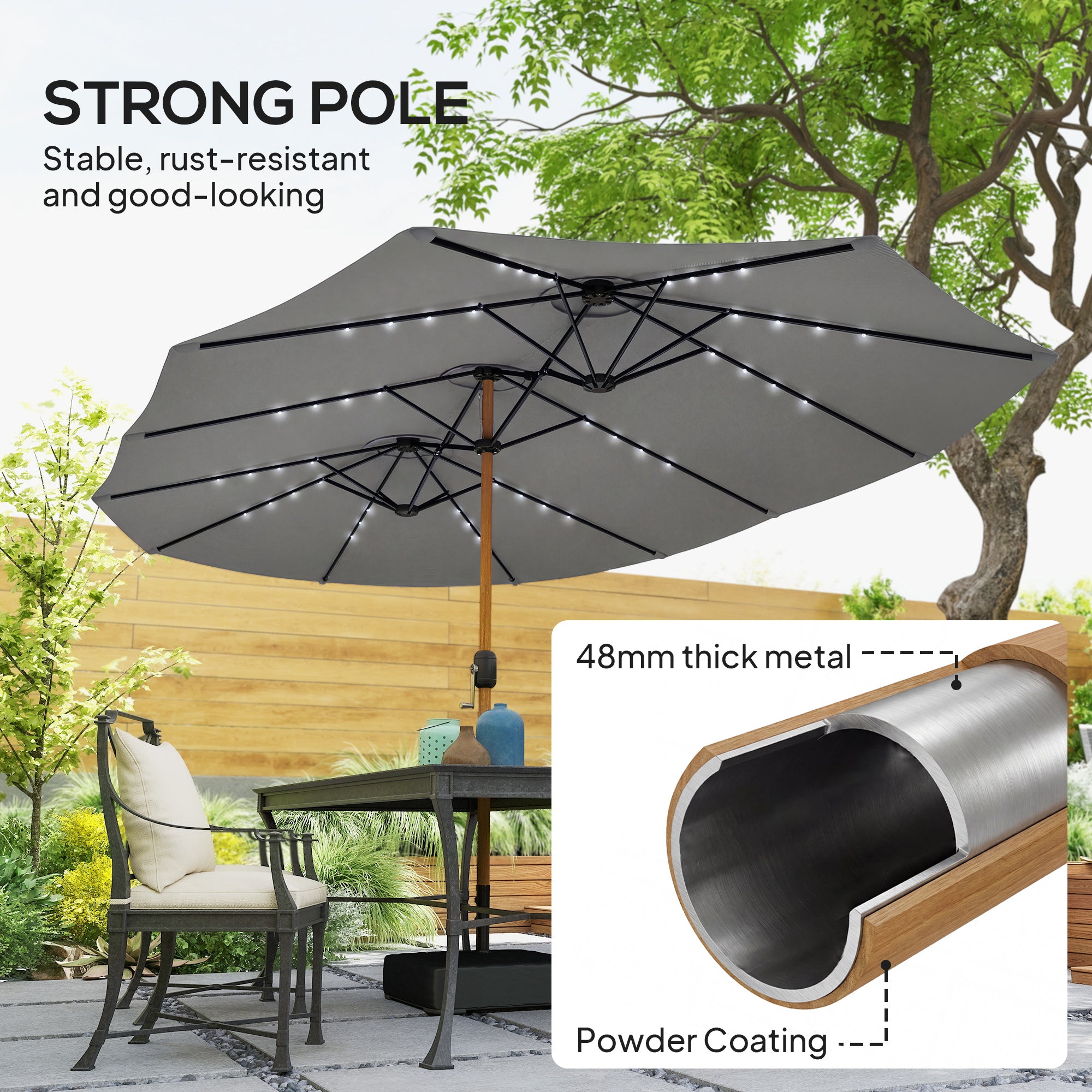 Outsunny Double Sided Garden Parasol with Base Included & 48 Solar LED Lights Patio Umbrella Crank Handle 4.6m Light Grey 