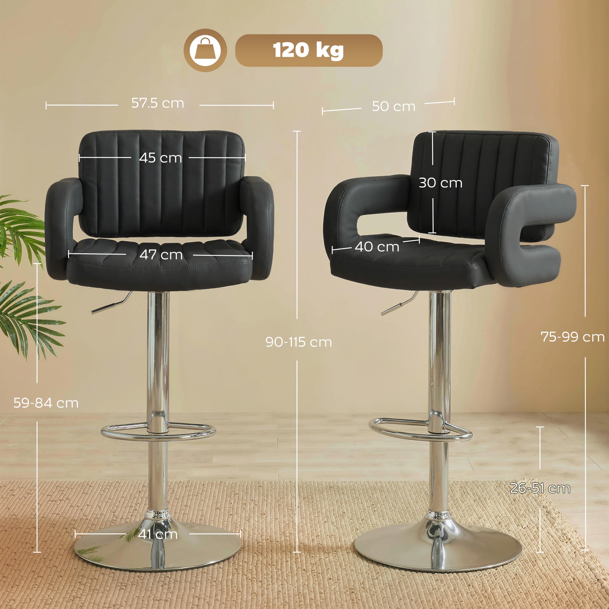 HOMCOM Bar Stools Adjustable Swivel Kitchen Chairs with Backrest Armrest Set of 2 PU Leather Black 