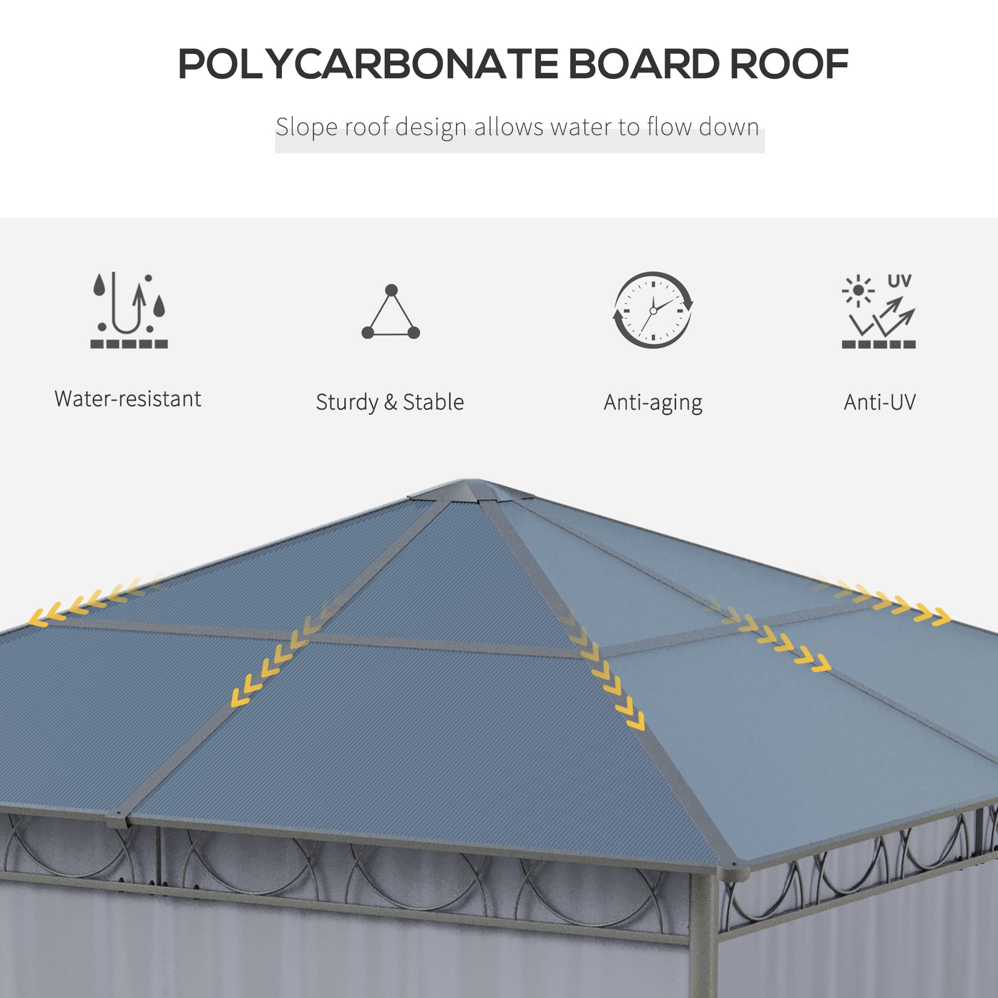 Outsunny 3 x 3(m) Hardtop Gazebo Canopy with Polycarbonate Roof, Permanent Pavilion Garden Gazebo with Curtains for Patio, Deck, Grey 