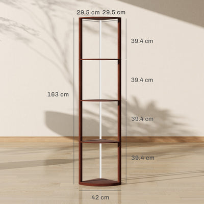 HOMCOM RGB LED Floor Lamp with Shelves, 5-Tier Dimmable Standing Lamp with Adjustable Brightness and Remote Control, Modern Corner Display Shelf Unit for Living Room Bedroom Office, Brown 