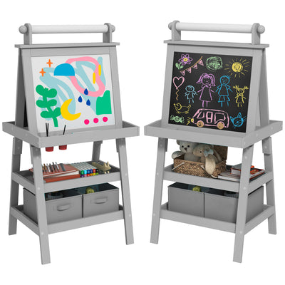 AIYAPLAY 3 in 1 Kids Easel Double-Sided Magnetic Whiteboard and Chalkboard with Paper Roll, Storage Baskets - Grey 