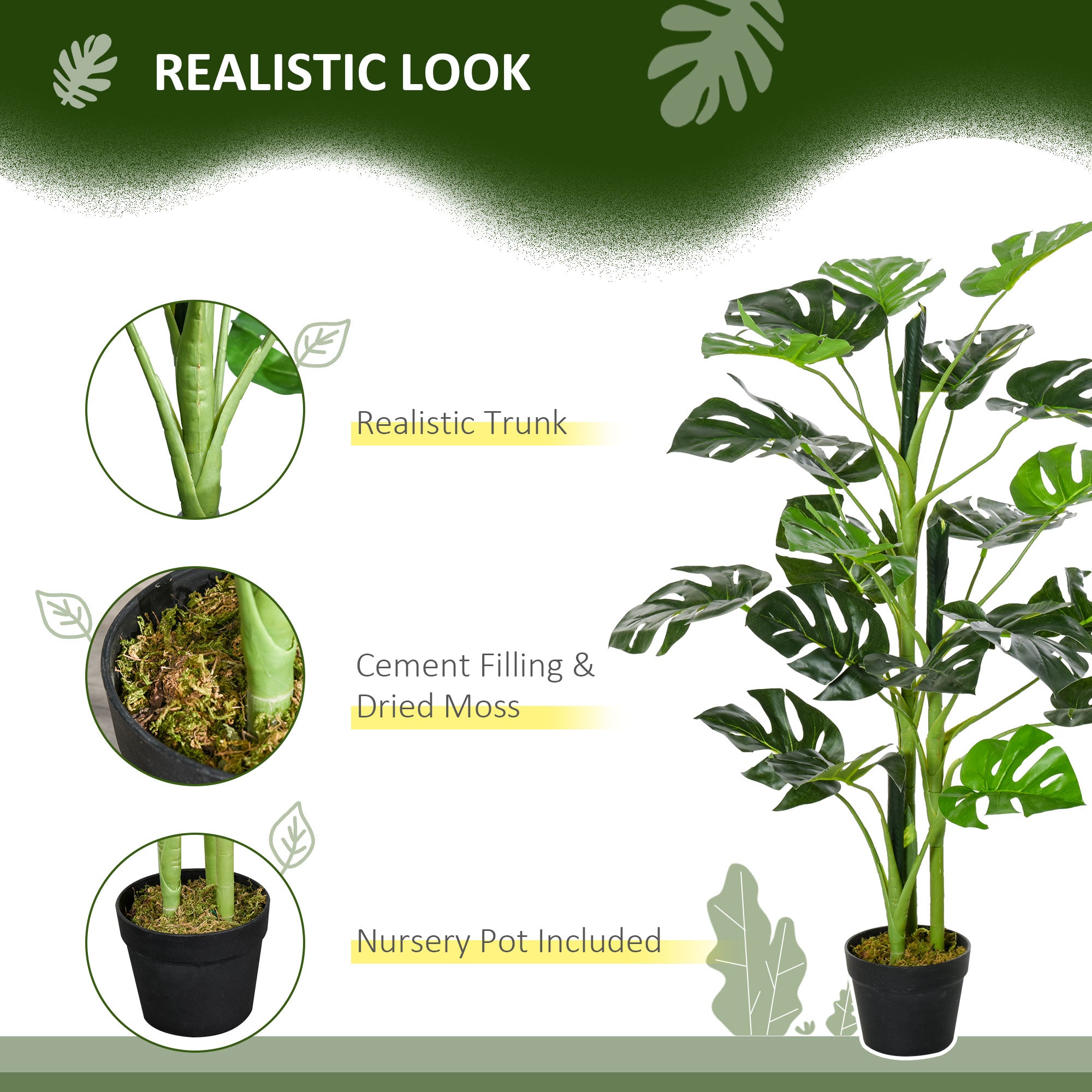 Outsunny 100cm/3.3FT Artificial Monstera Tree Decorative Cheese Plant 21 Leaves with Nursery Pot, Fake Tropical Palm Tree for Indoor Outdoor D\'c3\'a9cor, Set of 2
