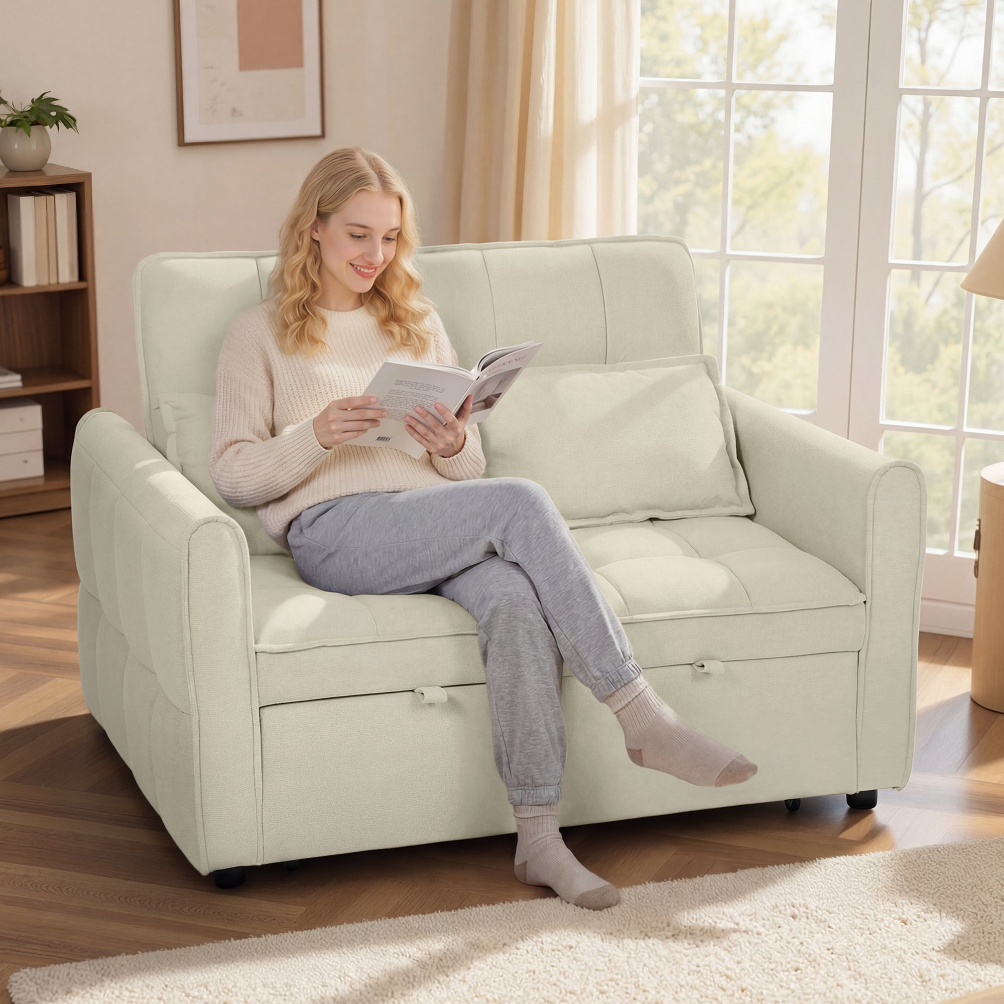 HOMCOM 2 Seater Sofa Bed, 3-in-1 Convertible Sleeper Sofa with Click-clack Adjustable Backrest and 2 Pillows, Light Brown 