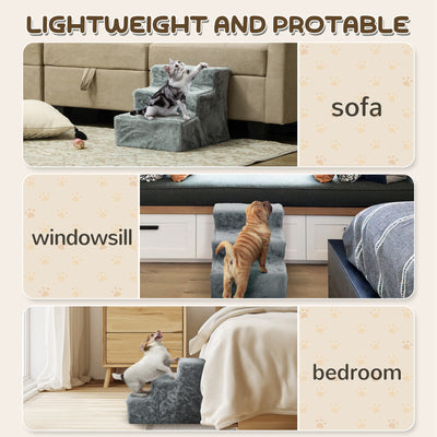 PawHut Three-Step Dog Stairs, with Washable Plush Cover, for High Bed Sofa, Dog Stairs for Small Dog and Cat - Light Grey 