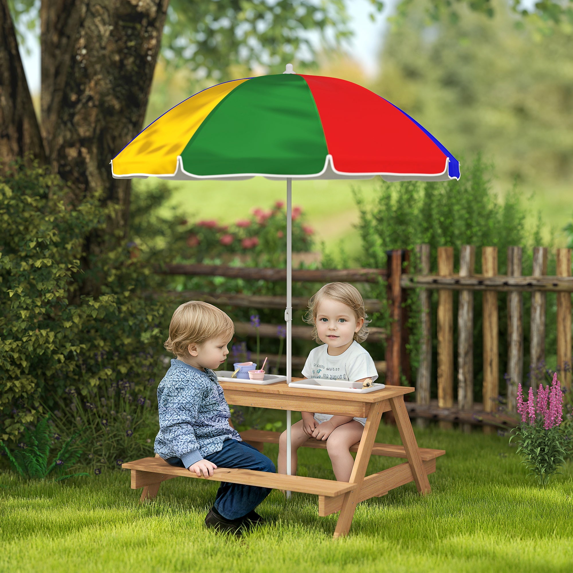 AIYAPLAY Kids Picnic Table, Sand and Water Table with Wooden Benches, Adjustable Parasol and Storage Bins, Multicolour 
