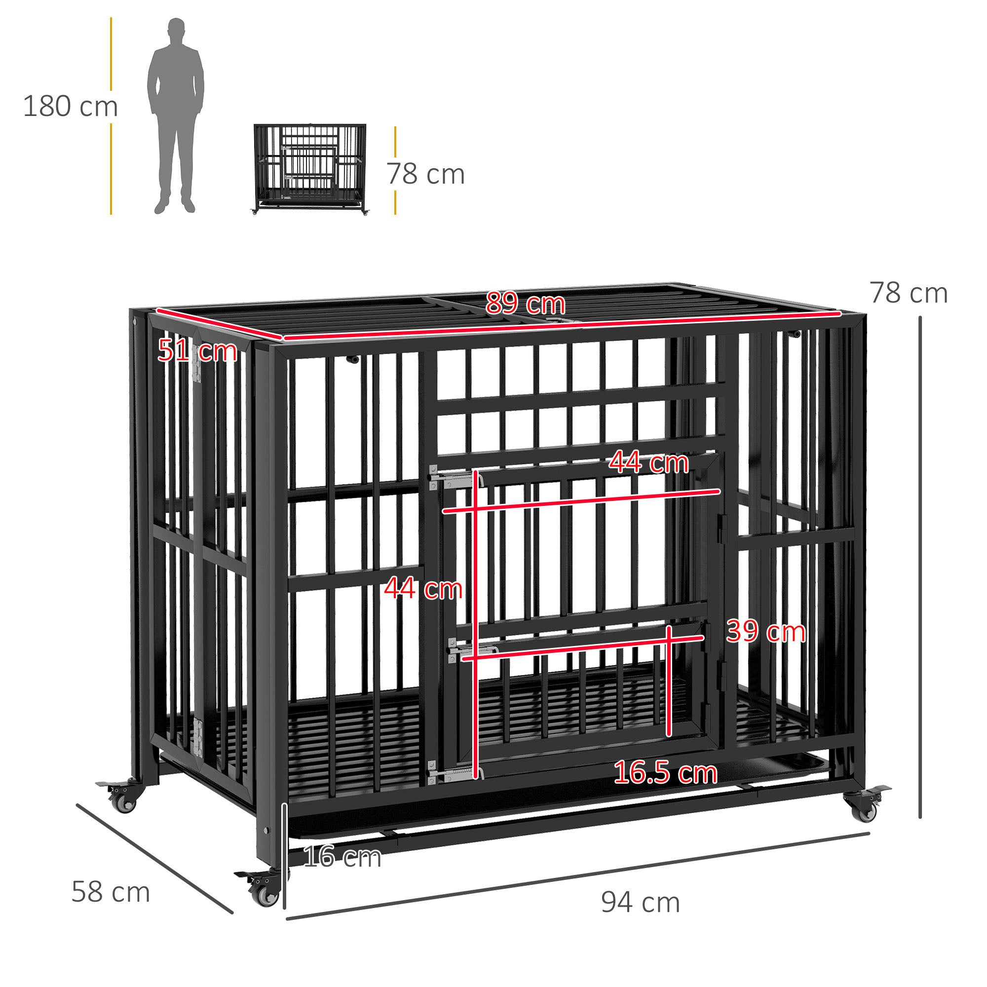 PawHut 37" Heavy Duty Dog Crate, Foldable Dog Cage, with Openable Top, Locks, Removable Tray, Wheels - Black 