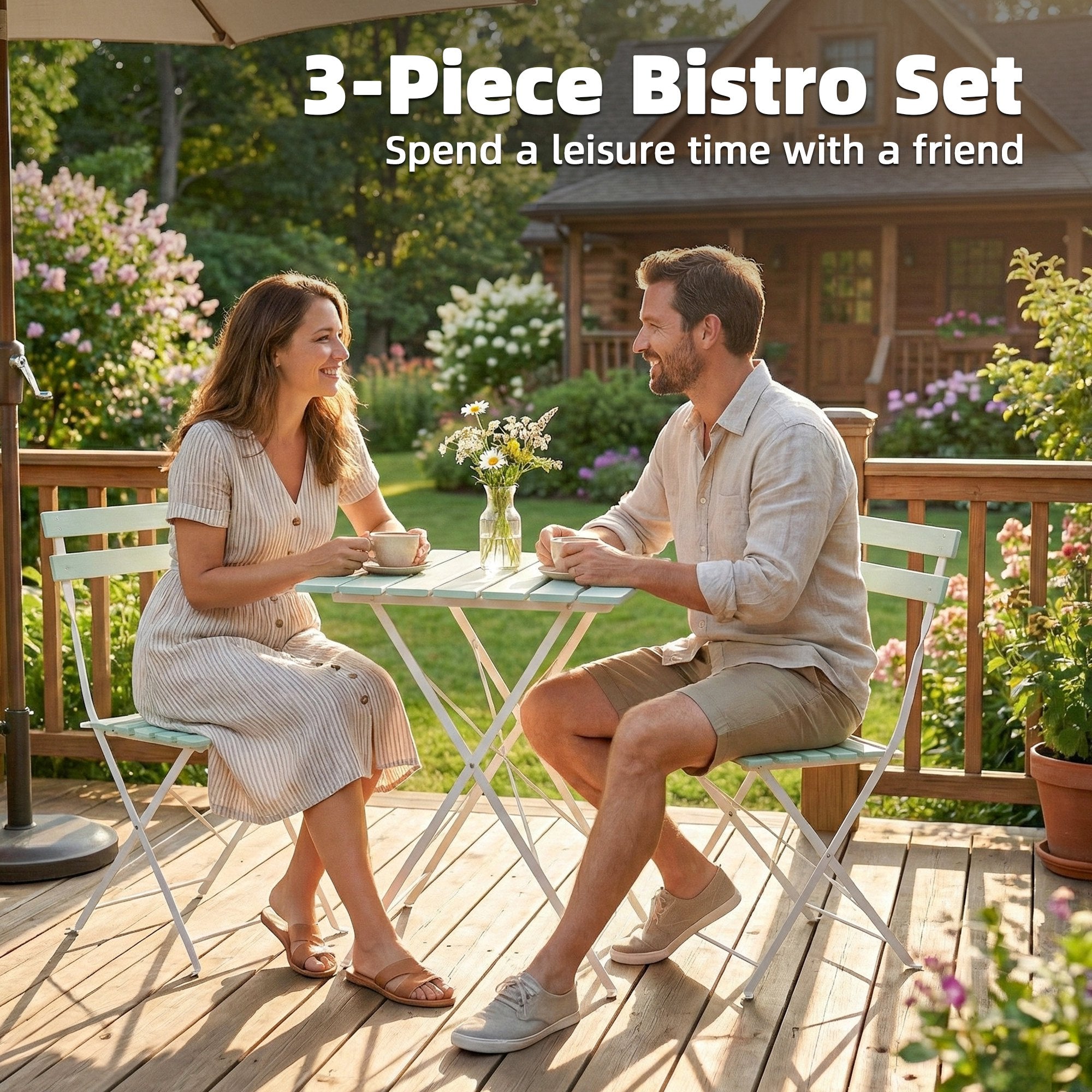 Outsunny Outdoor Bistro Set Folding Patio Furniture Set with 2 Chairs Table for 2 People White and Green 
