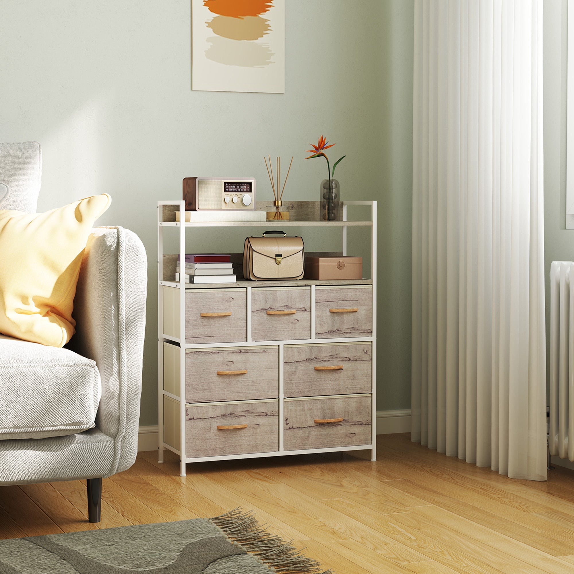 HOMCOM Rustic Chest of Seven Fabric Drawers - Natural Wood Finish 