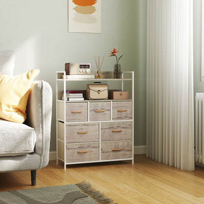 HOMCOM Rustic Chest of Seven Fabric Drawers - Natural Wood Finish 