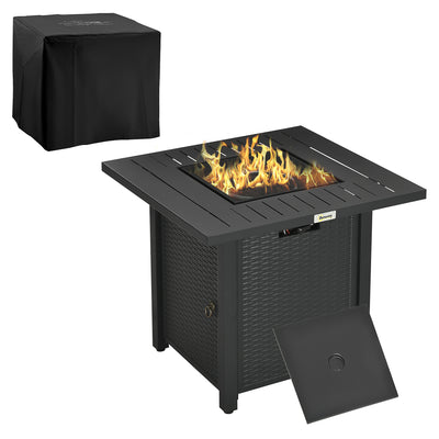 Outsunny Rattan-style Propane Gas Fire Pit Table with 40,000 BTU Burner, Square Smokeless Firepit Patio Heater with Thermocouple, Lava Rocks, Waterproof Cover, Spark Guard and Lid, Black 