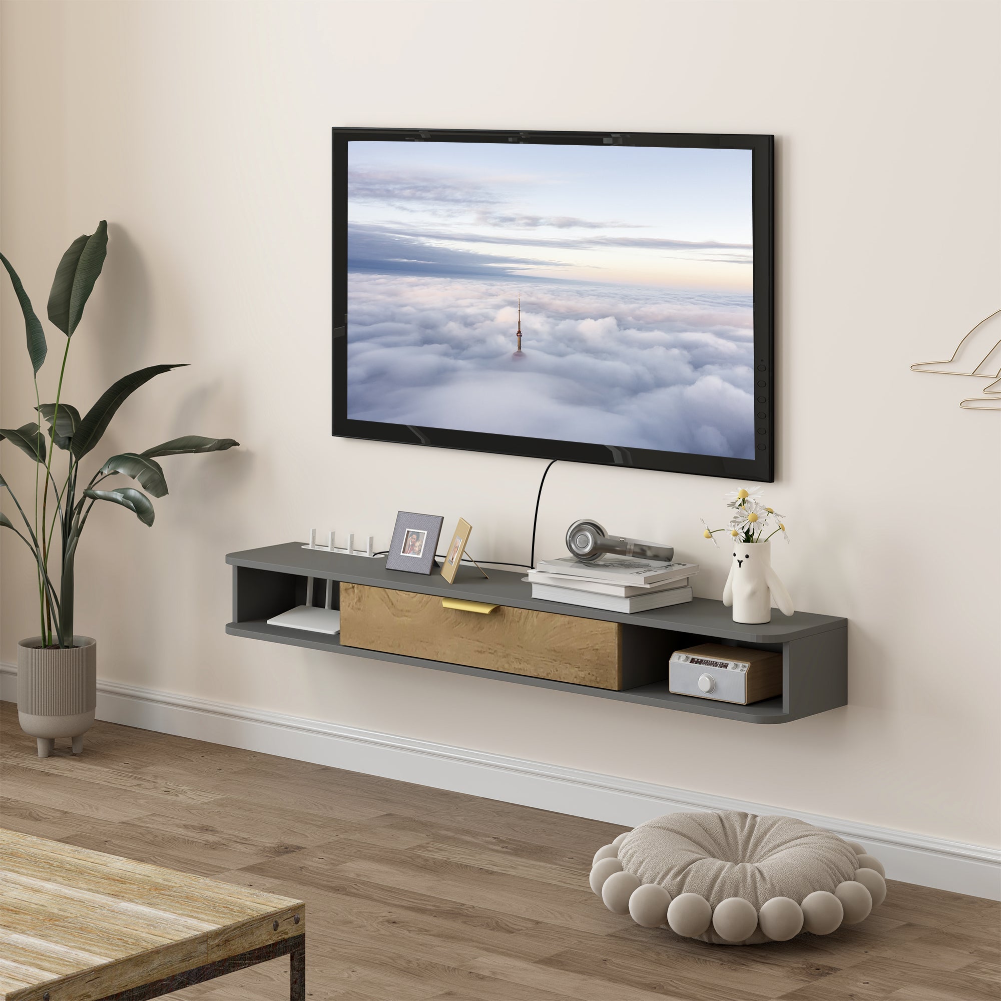HOMCOM 140 cm Floating TV Stand with Storage - Charcoal Grey 