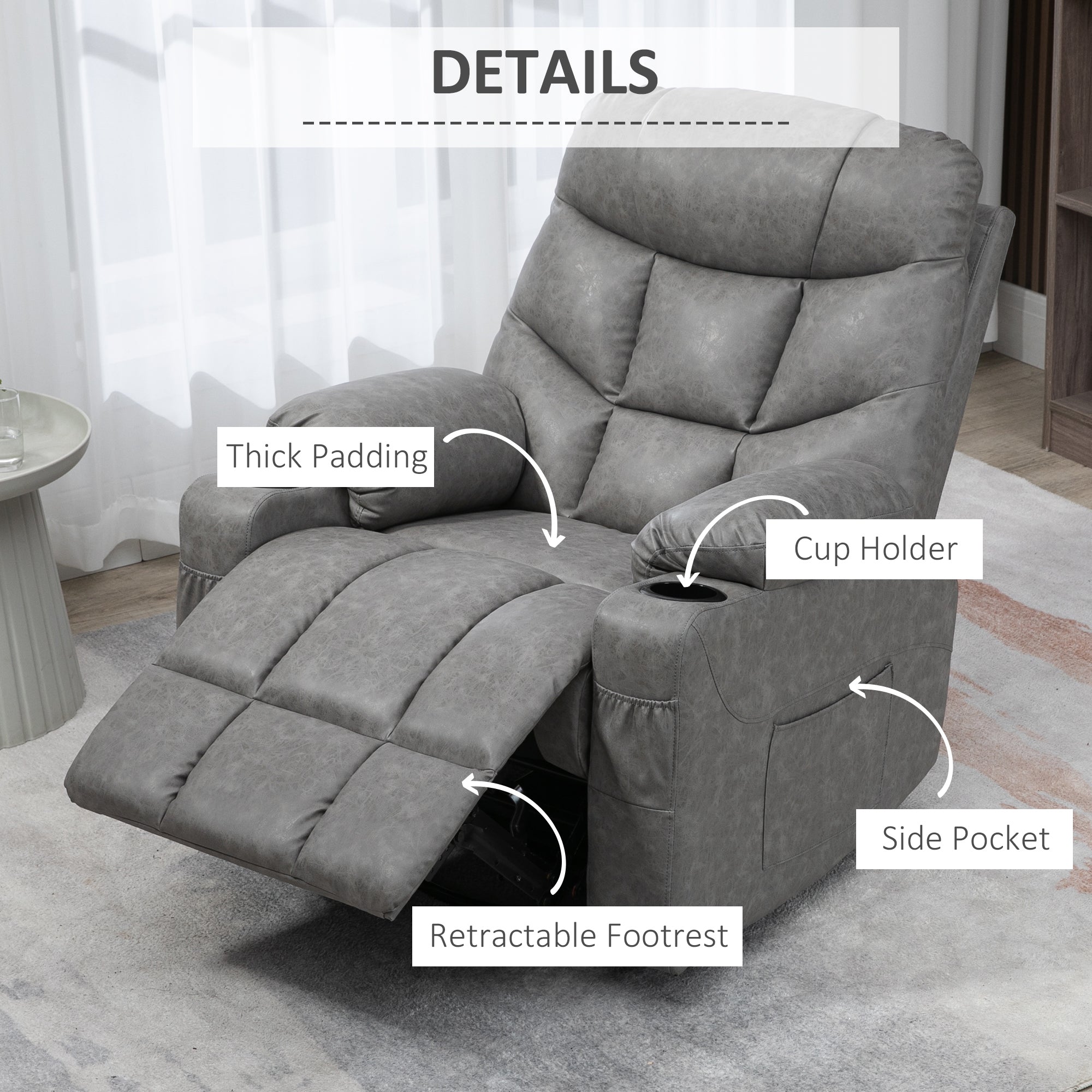 HOMCOM Thick Padded Faux Leather Recliner Armchair - Light Grey 