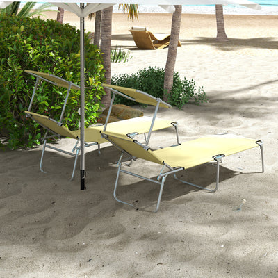 Outsunny Outdoor Foldable Sun Lounger Set of 2, 4 Level Adjustable Backrest Reclining Sun Lounger Chair with Angle Adjust Sun Shade Awning for Beach, Garden, Patio, Beige 
