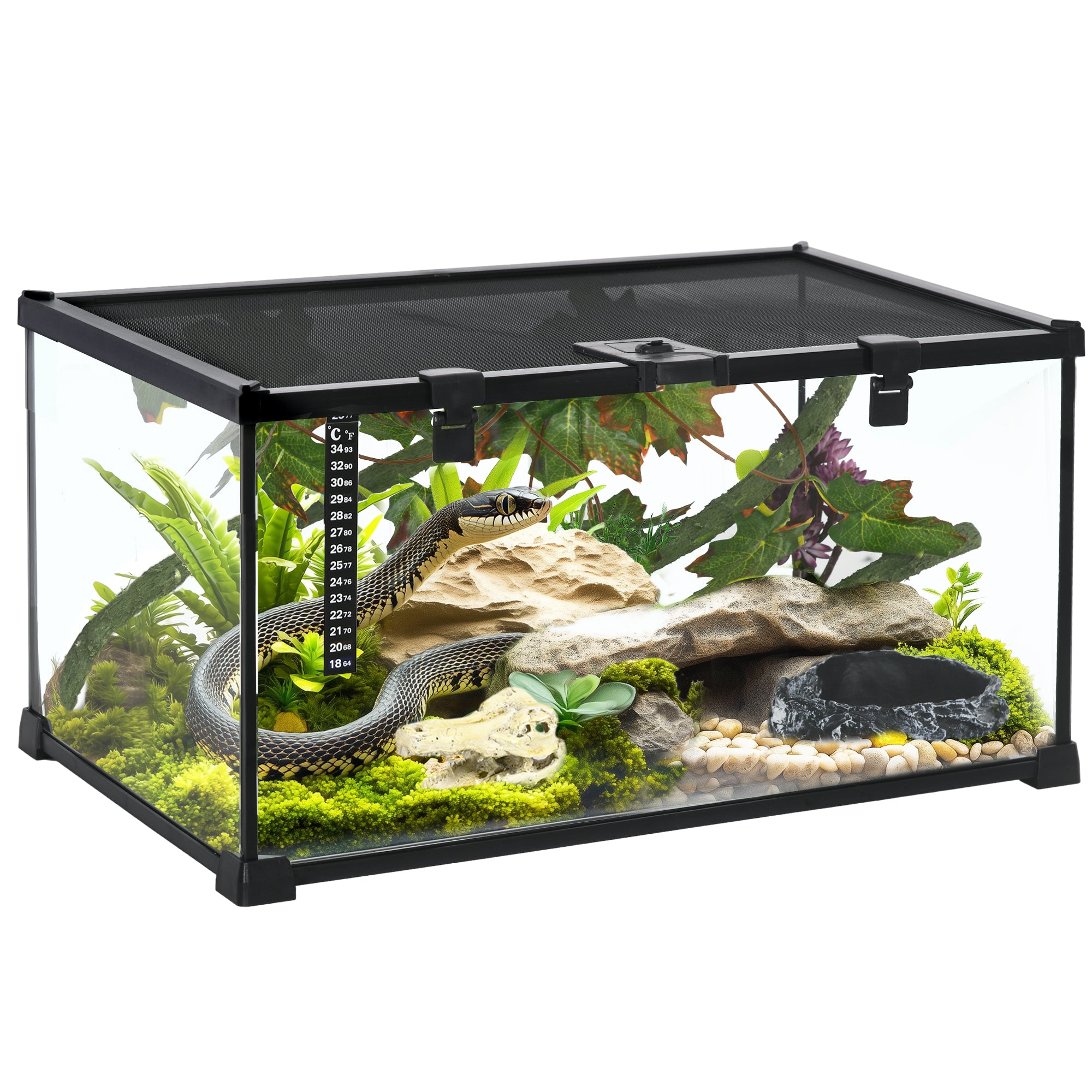 PawHut Glass Reptile Terrarium with Decor Kit, Breeding Tank with Thermometer for Small Animals, 50 x 30 x 25cm, Heated - Black 