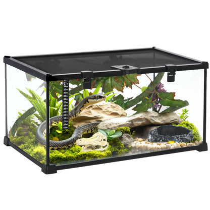 PawHut Glass Reptile Terrarium with Decor Kit, Breeding Tank with Thermometer for Small Animals, 50 x 30 x 25cm, Heated - Black 