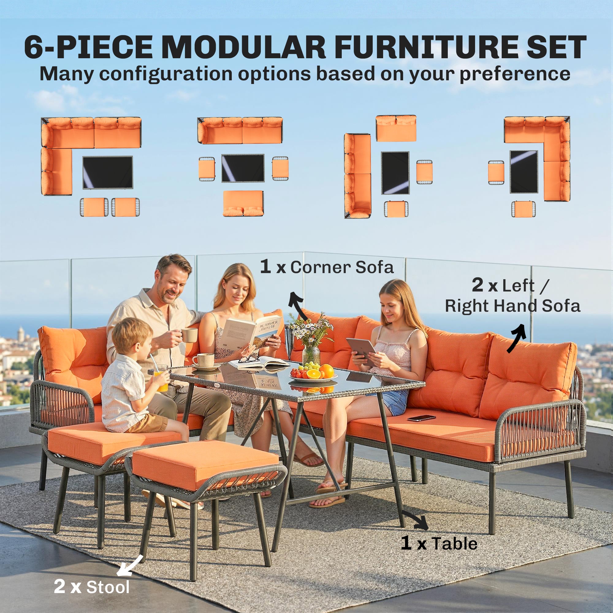 Outsunny 6 Piece Rattan Garden Furniture Set, 8 Seater Garden Corner Sofa with Cushions and Glass Top Table, Orange 