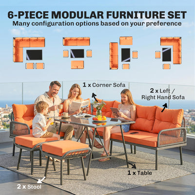 Outsunny 6 Piece Rattan Garden Furniture Set, 8 Seater Garden Corner Sofa with Cushions and Glass Top Table, Orange 
