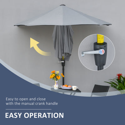 Outsunny 2m Half Parasol Market Umbrella Garden Balcony Parasol with Crank Handle, Base, Double-Sided Canopy, Dark Grey 