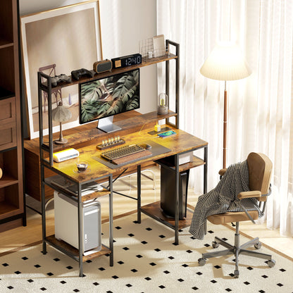 HOMCOM Computer Desk with Power Outlets and LED Lights, Home Office Desk with Monitor Stand and 2 CPU Stands, Study Table Gaming Desk with Hutch, Rustic Brown 