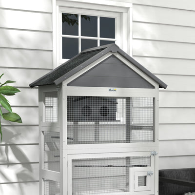 PawHut Wooden Bird Cage, with Stand, for Finches, Parakeets, Small birds - Grey 