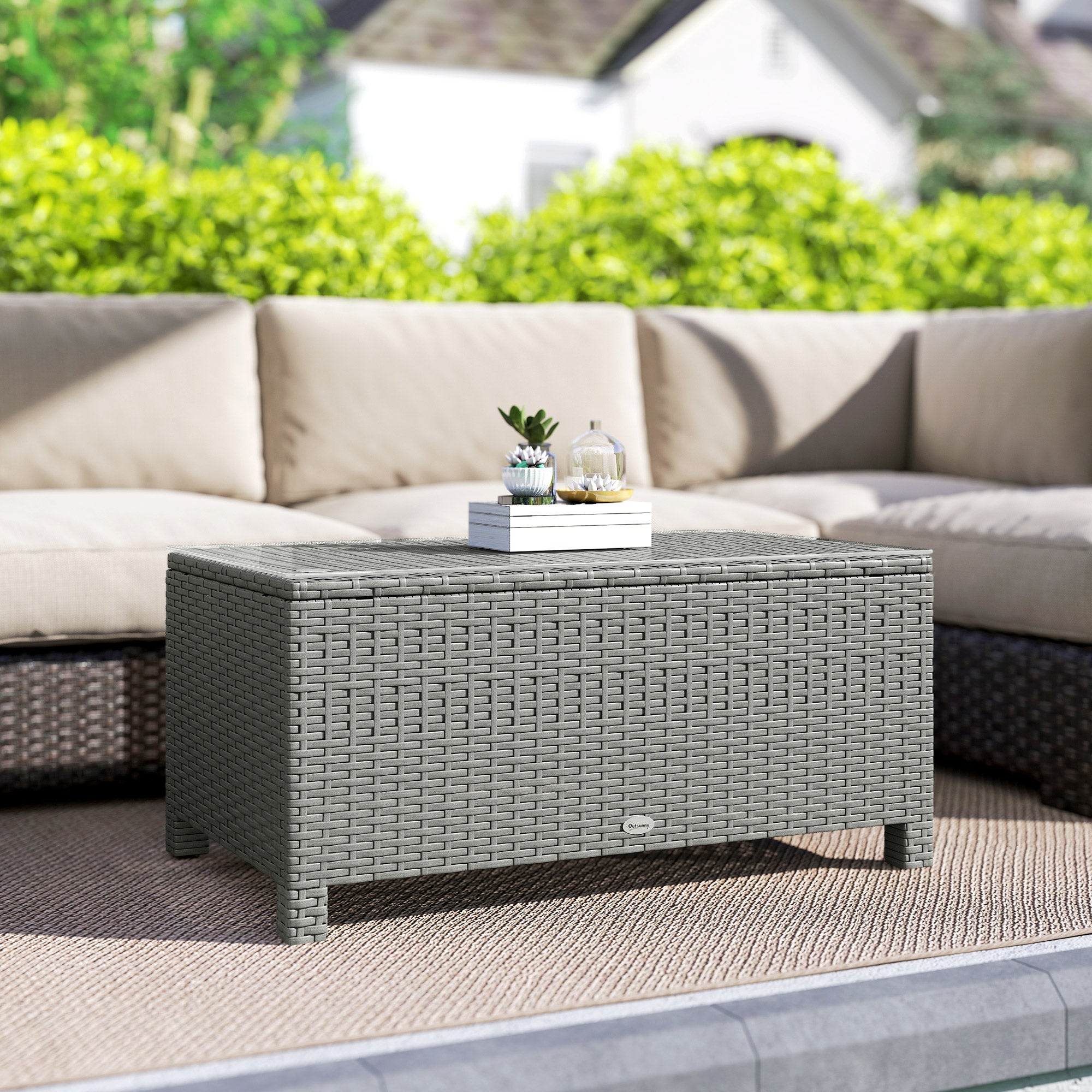 Outsunny Rattan Garden Coffee Table with Glass Top, Light Grey 