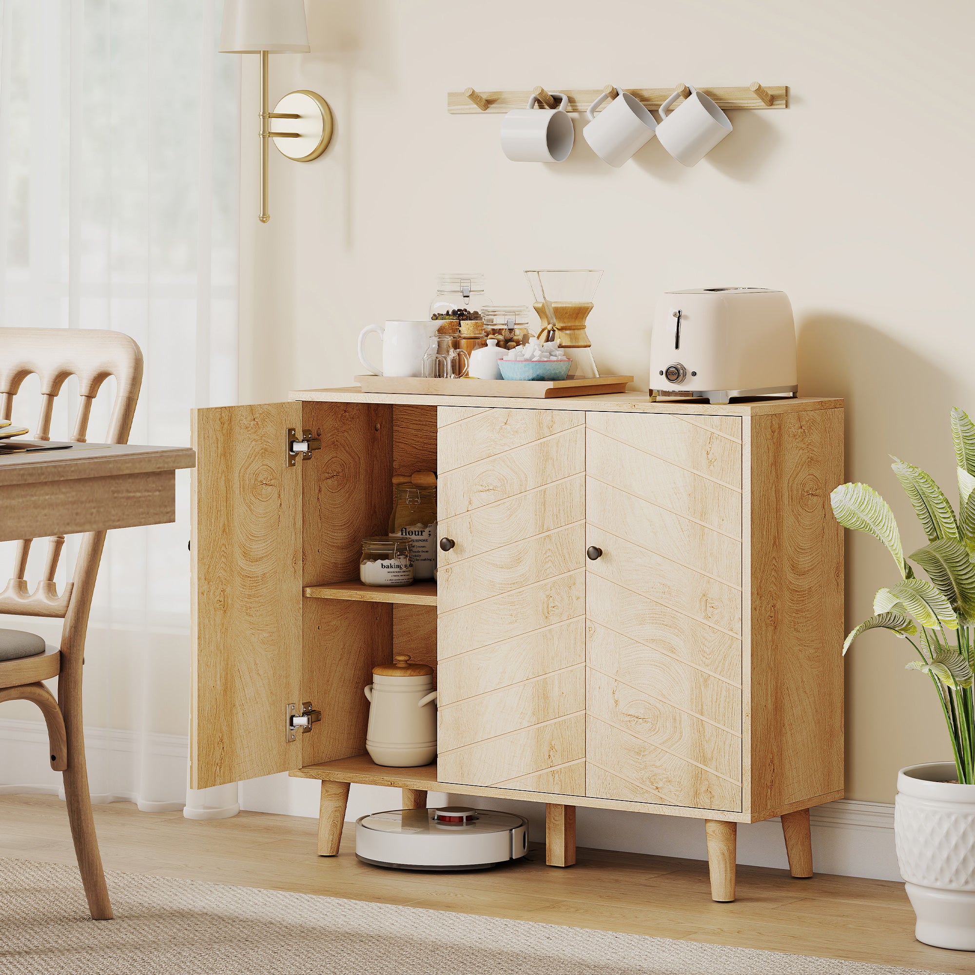 HOMCOM Vintage Sideboard with Chevron Doors and Pine Wood Legs for Living Room, Kitchen 