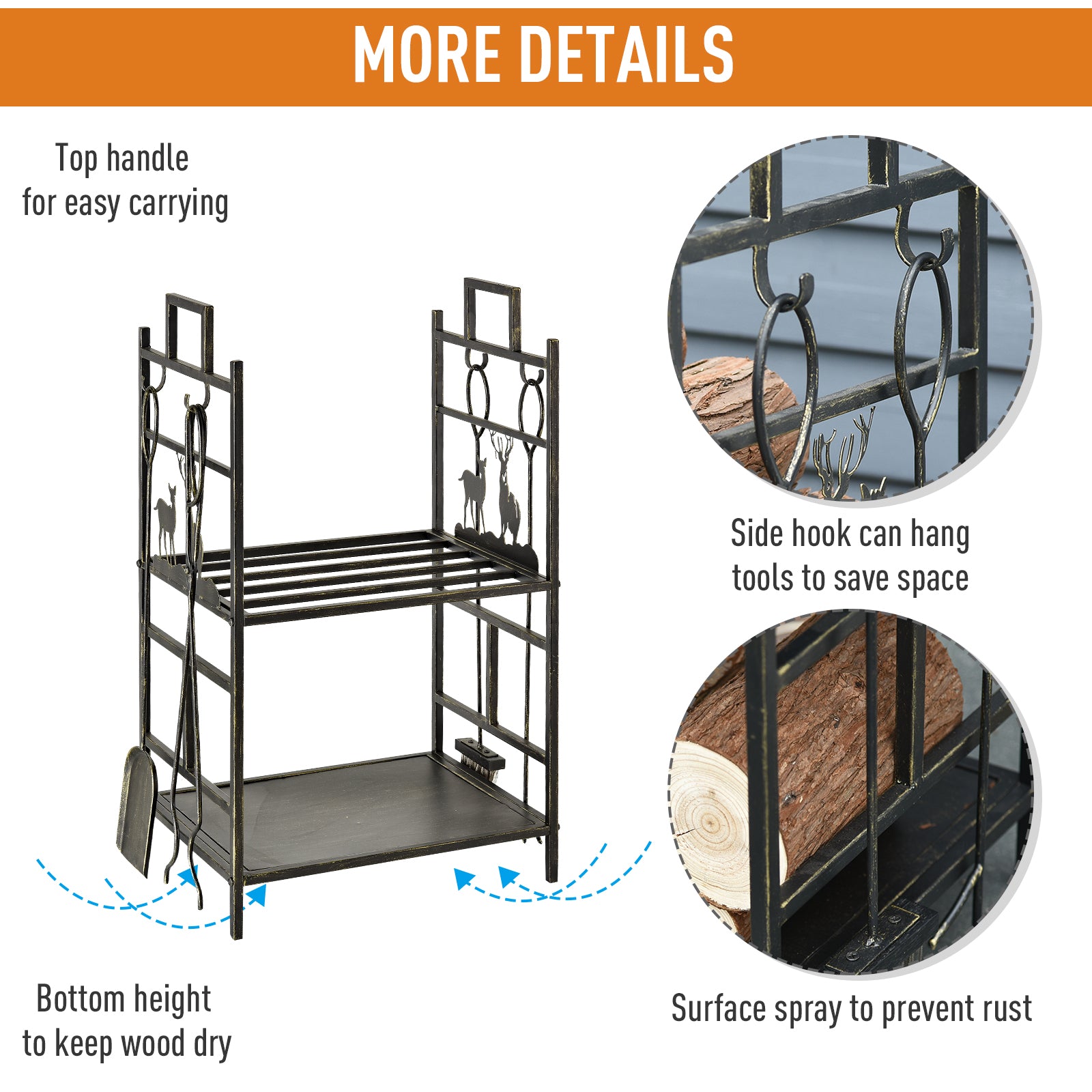 Outsunny Metal Firewood Log Holder 2 Tier Firewood Rack Indoor Outdoor Fireplace Wood Storage Shelf with 4 Tools, Hooks, Elk Shape Design, Black Gold Tone, 51.5W x 33D x 77H cm 