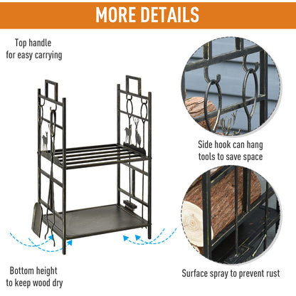Outsunny Metal Firewood Log Holder 2 Tier Firewood Rack Indoor Outdoor Fireplace Wood Storage Shelf with 4 Tools, Hooks, Elk Shape Design, Black Gold Tone, 51.5W x 33D x 77H cm 