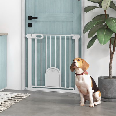 PawHut 75-82cm Pet Safet Gaye, Pressure Fit Stair, with Cat Flap, Double Locking, White 