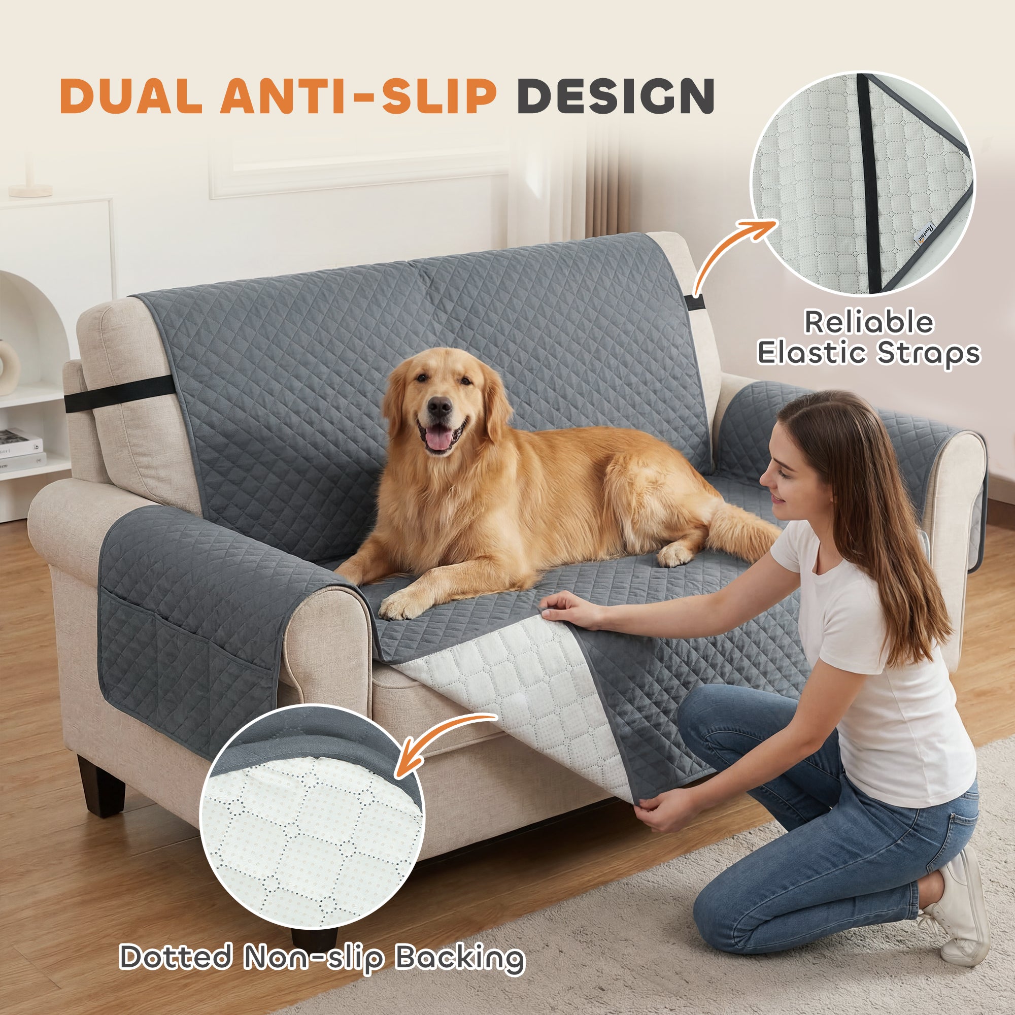 PawHut Waterproof Sofa Cover 2 Seater, Soft Couch Cover for Dogs Cats Pets, Non Slip Sofa Slipcoevr with Elastic Straps 
