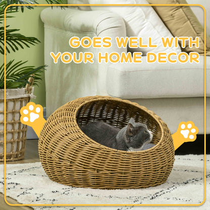 PawHut Wicker Cat House with Washable Cushion for Indoor Cats, Light Brown 
