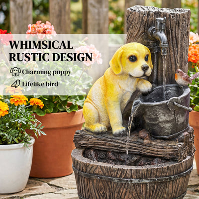 Outsunny Garden Water Feature with 3-Tier Rustic Puppy Design, Freestanding Resin with LED Lights, Adjustable Flow, Rustic Brown 