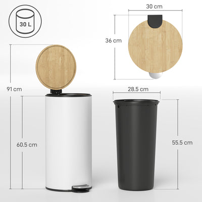 HOMCOM Kitchen Bin, 30 Litre Pedal Rubbish Bin with Removable Bucket, White and Natural