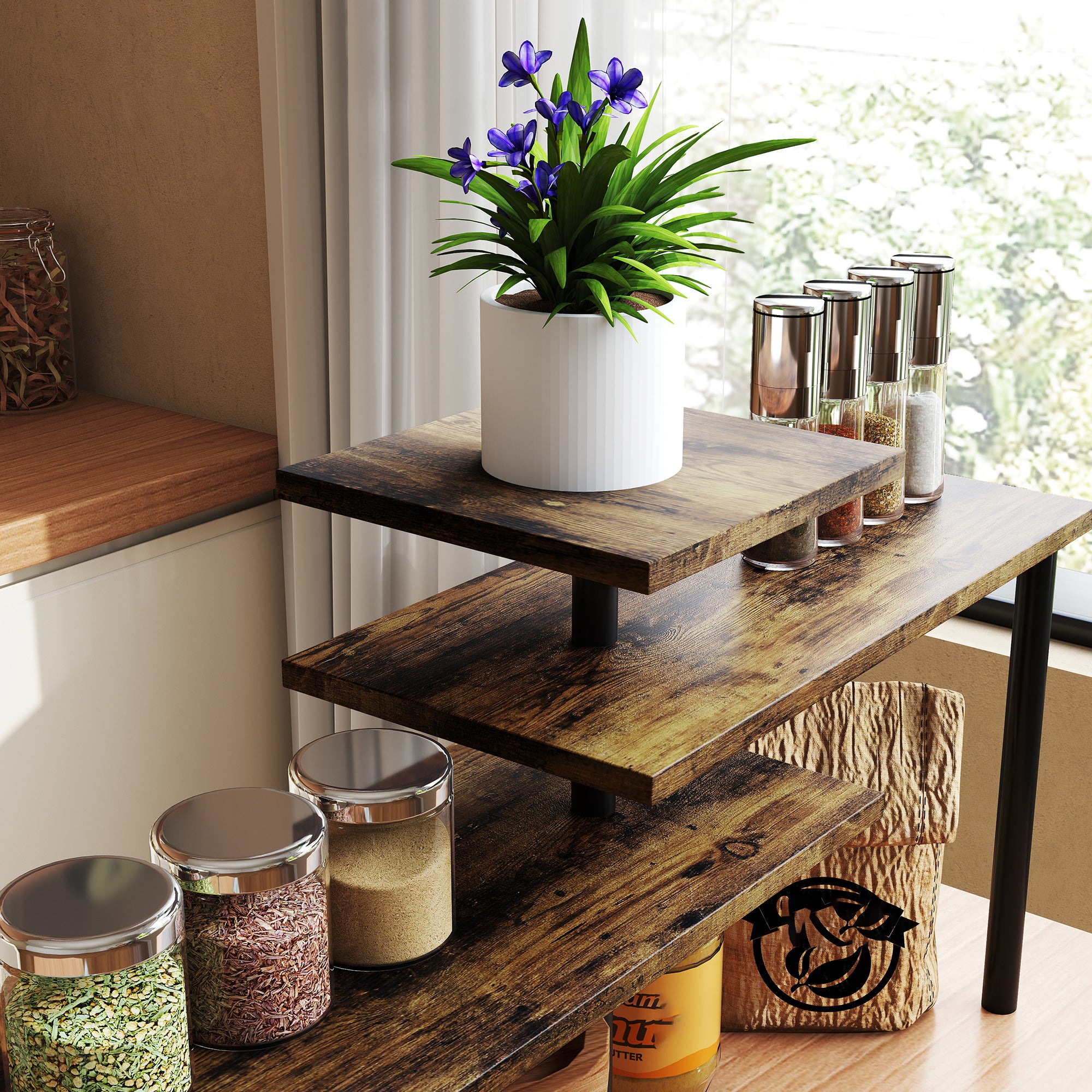 HOMCOM 3-Tier Kitchen Countertop Organiser, Adjustable Spice Rack, Corner Shelf for Kitchen, Coffee Bar, Bathroom, Rustic Brown 