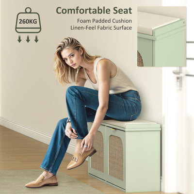 HOMCOM Boho Shoe Bench with Padded Seat and 2 Flip-Drawers - Light Green 
