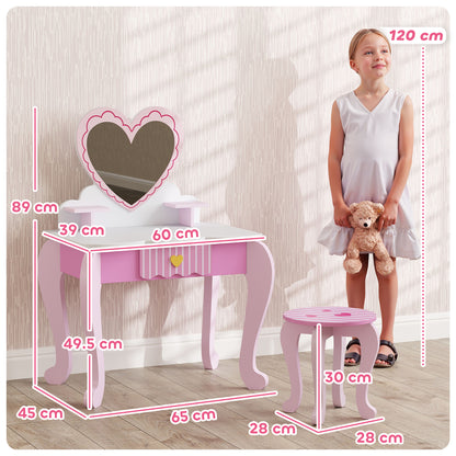 AIYAPLAY Kids Dressing Table Set, Vanity Table with Stool, Mirror, Drawer, Desktop Storage, Heart Theme, Pink