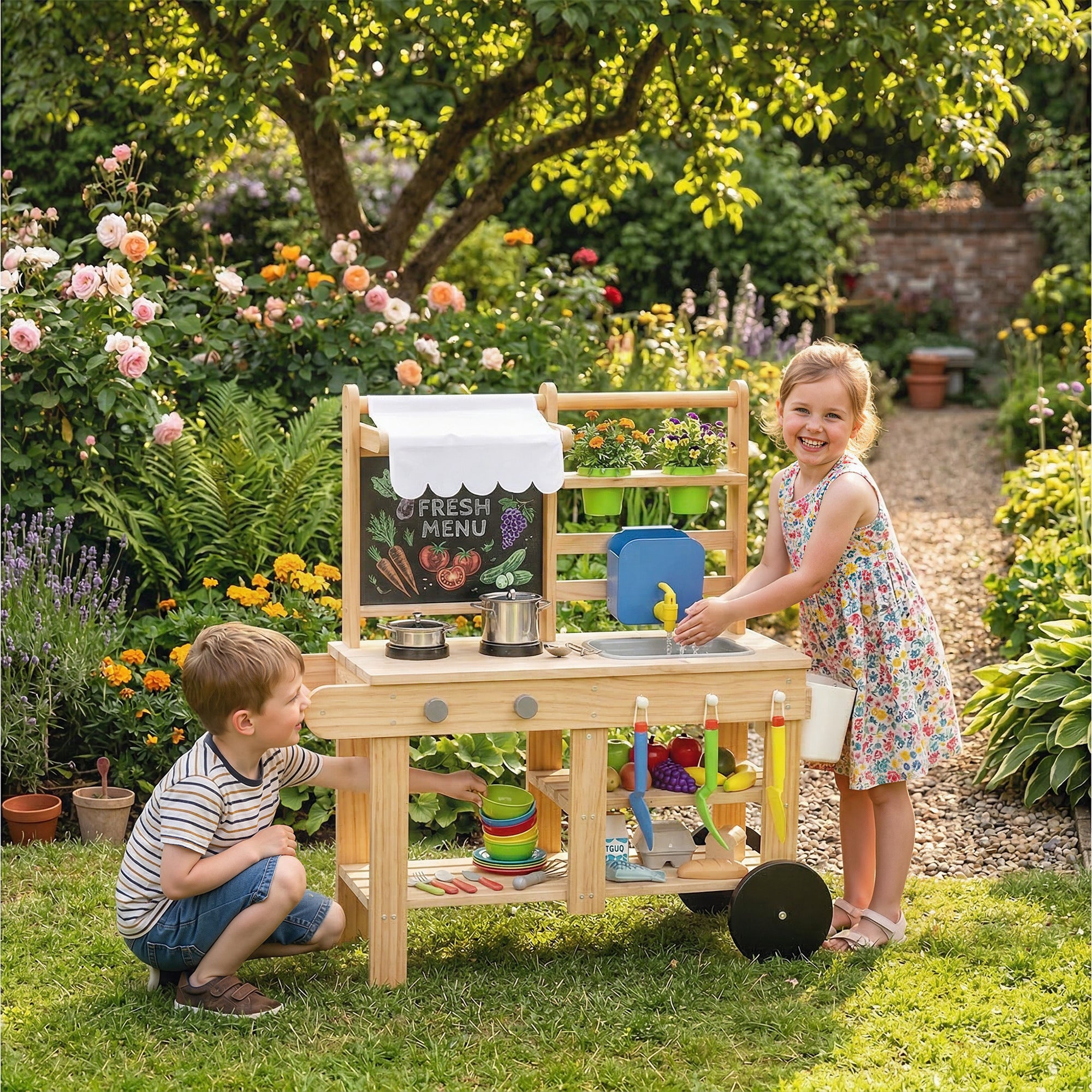 AIYAPLAY Mud Kitchen with Real Water Faucet Pretend Play Kitchen Playset with Sink and Storage Natural Wood 