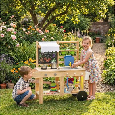 AIYAPLAY Mud Kitchen with Real Water Faucet Pretend Play Kitchen Playset with Sink and Storage Natural Wood 