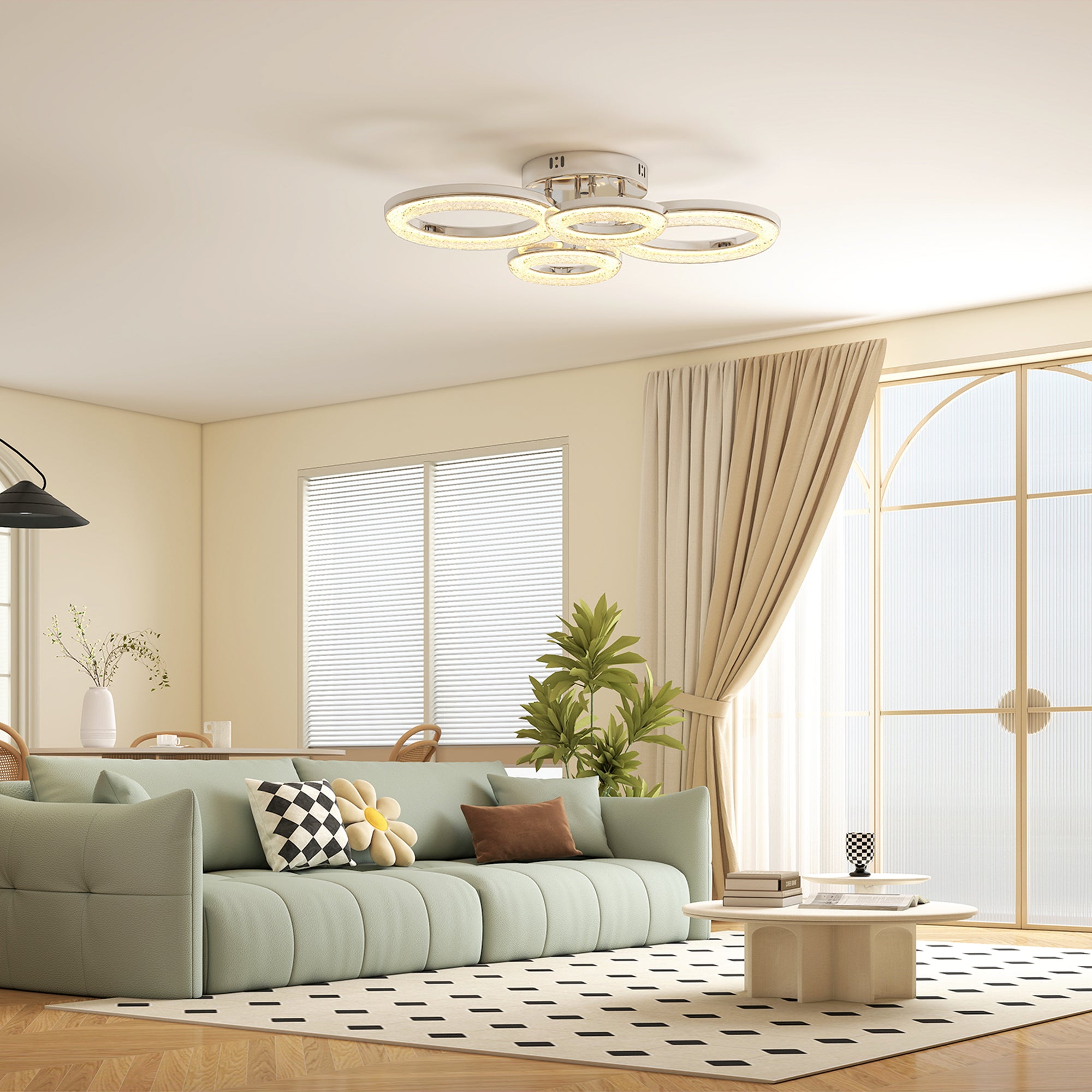 HOMCOM LED Ceiling Light, Modern Dimmable 4 Rings Ceiling Lamp with Wall Switch, 40W 4350lm Flush Mount Ceiling Light with 3500K/4500K/6000K Colour Temperatures for Living Room, Bedroom, Silver Tone 