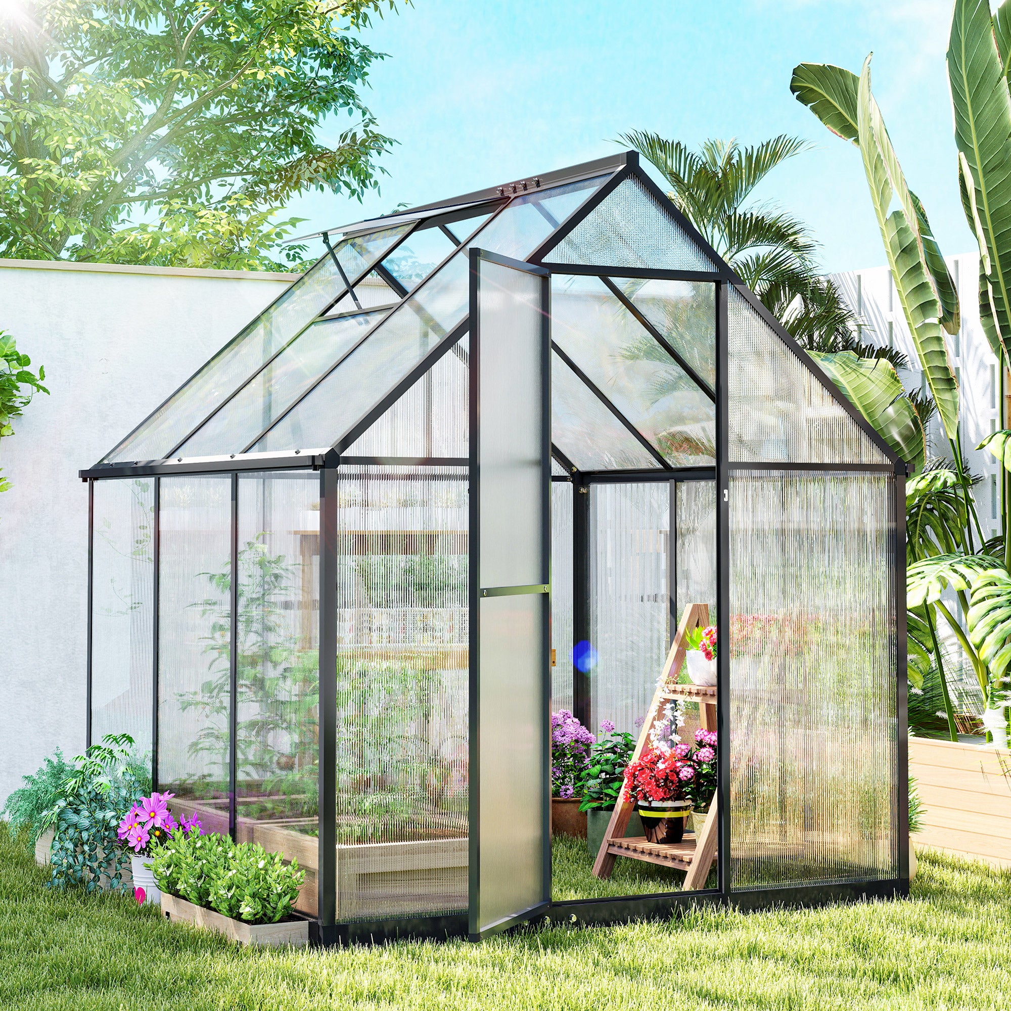 Outsunny Polycarbonate Greenhouse with Swing Door and Adjustable Window, Walk-in Greenhouse with Rain Gutter, 5.5 x 6ft, Black 
